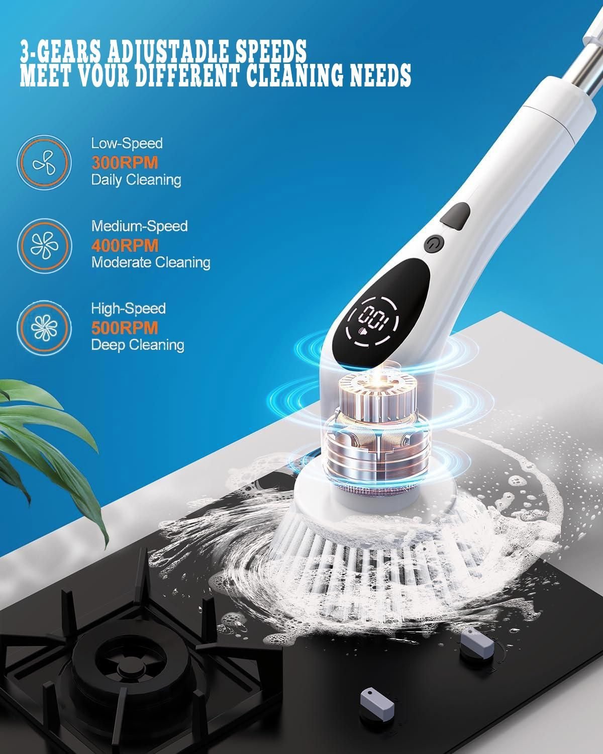 9 in 1 Electric Spin Scrubber, New Cordless Voice Prompt Cleaning Brush with 9 Replaceable Brush Heads, 3 Adjustable SpeedswhiteCleaning Brush