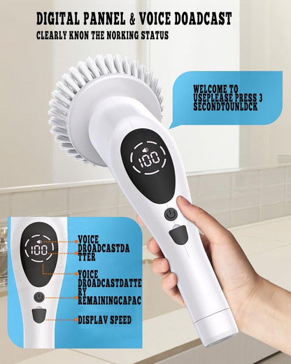 9 in 1 Electric Spin Scrubber, New Cordless Voice Prompt Cleaning Brush with 9 Replaceable Brush Heads, 3 Adjustable SpeedswhiteCleaning Brush