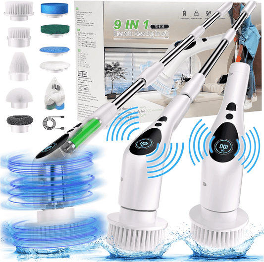 9 in 1 Electric Spin Scrubber, New Cordless Voice Prompt Cleaning Brush with 9 Replaceable Brush Heads, 3 Adjustable SpeedswhiteCleaning Brush