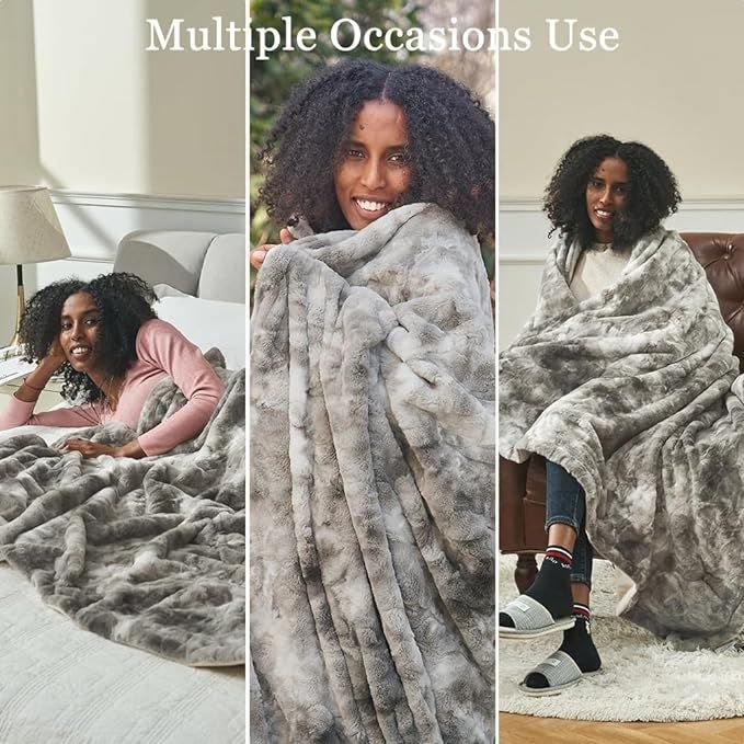 Krifey Faux Fur Throw Blanket, Super Soft Cozy Blanket, Luxury Fluffy Blanket Warm Plush Bed Throw Marbled Gray50" x 60"