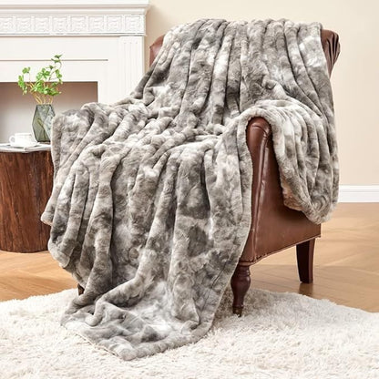 Krifey Faux Fur Throw Blanket, Super Soft Cozy Blanket, Luxury Fluffy Blanket Warm Plush Bed Throw Marbled Gray50" x 60"